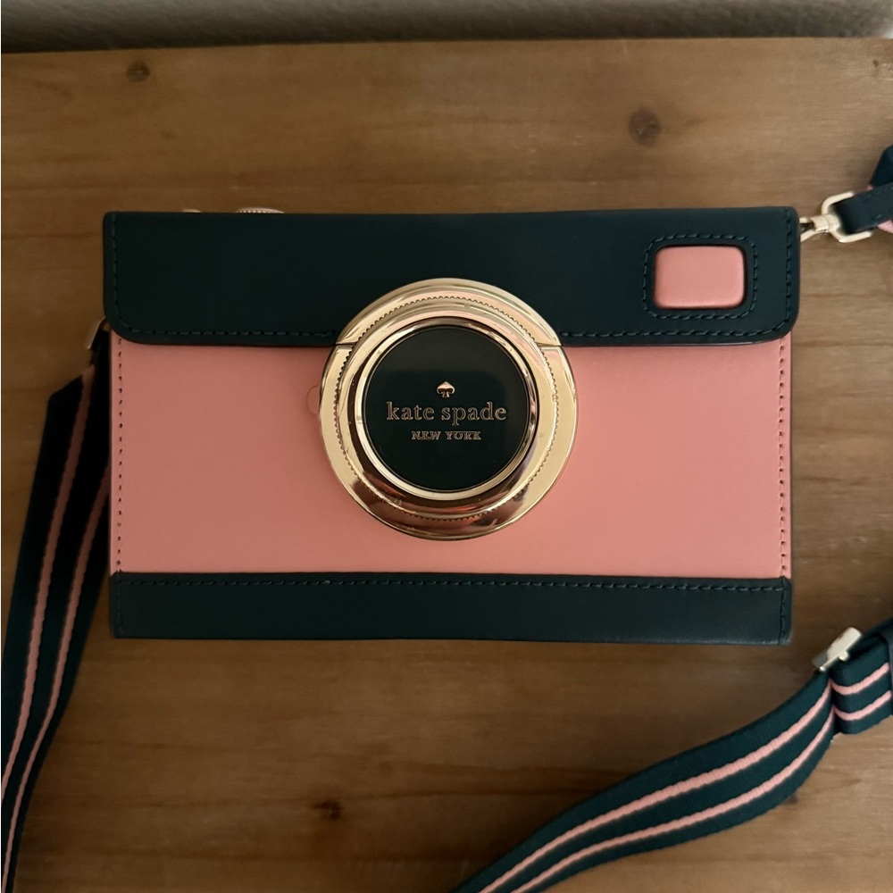kate spade Pink and Black Camera-Style Crossbody with Gold Accent